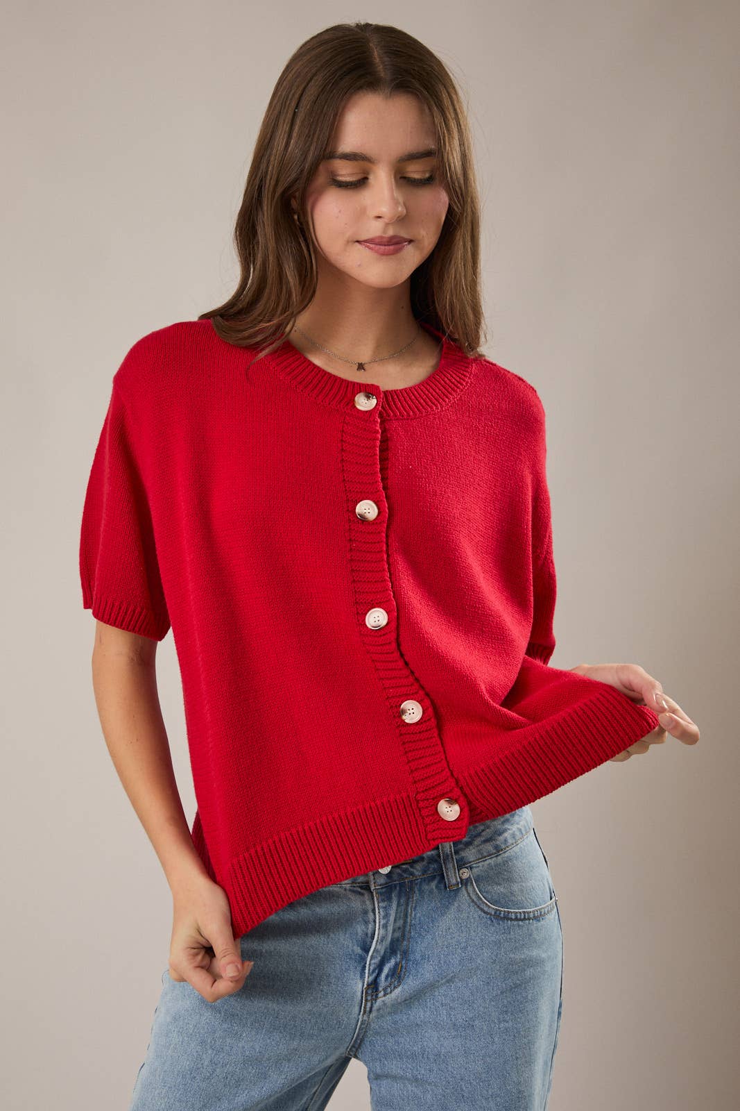 SHORT SLEEVE SWEATER CARDIGAN: LT OLIVE / M