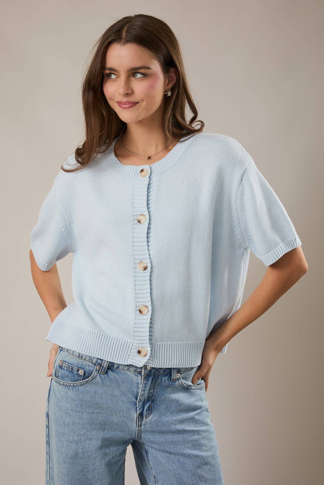 SHORT SLEEVE SWEATER CARDIGAN: LT OLIVE / XS