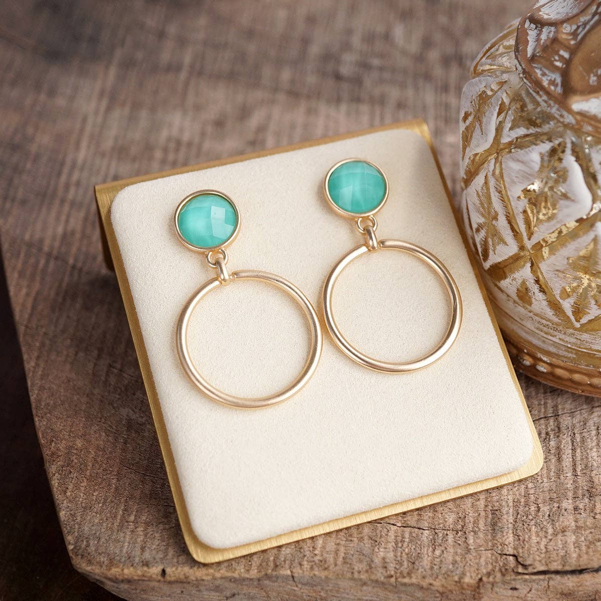 Gold Dipped Hoop Earrings with Faceted Stone – Color Pop Glow: Aqua Mist