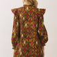 CD07564-Geometric Print Ruffle Mini Dress: CHOCOLATE / L