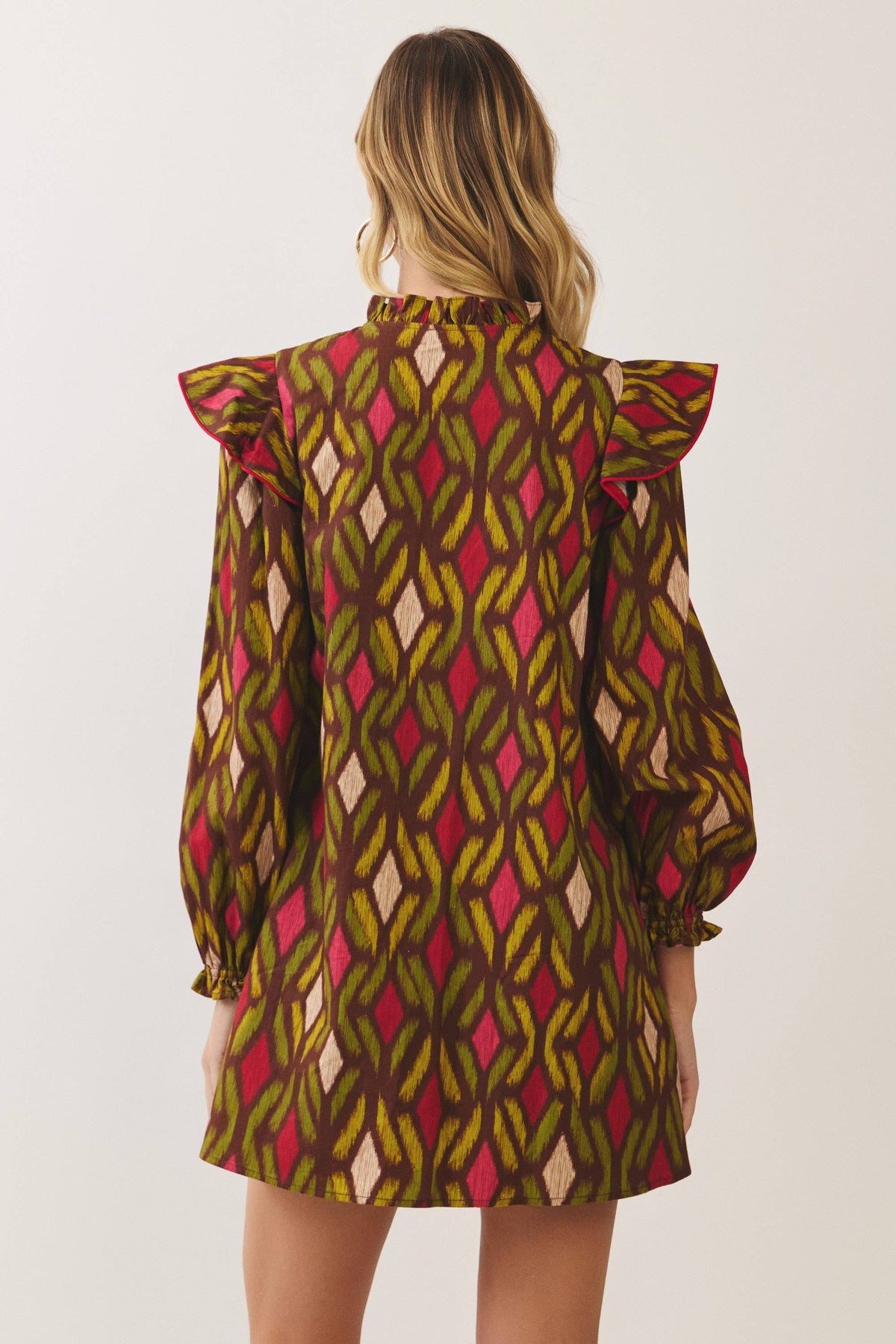 CD07564-Geometric Print Ruffle Mini Dress: CHOCOLATE / S
