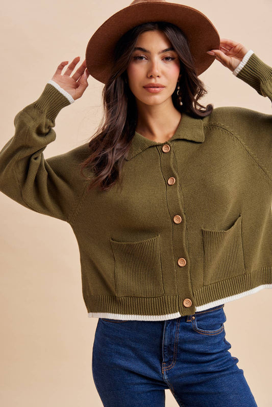 BEAGLE KNITTED CARDIGAN: DUSTED OLIVE / S