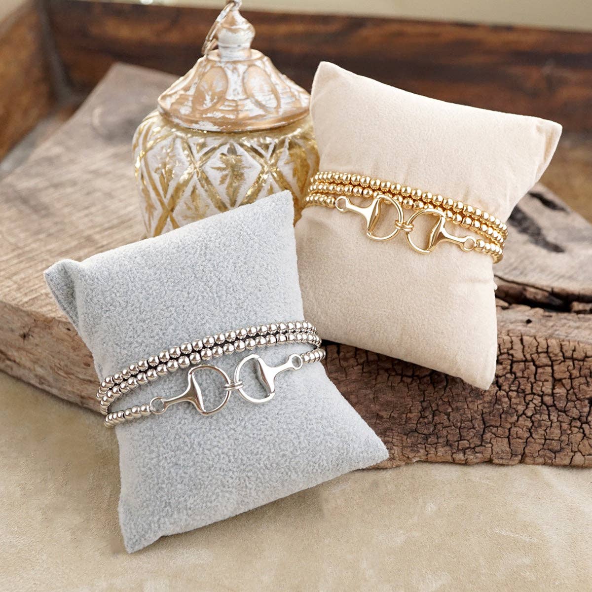 Bit of Shine – Set of 3 Stretch Bracelets with Horse Bit: Gold