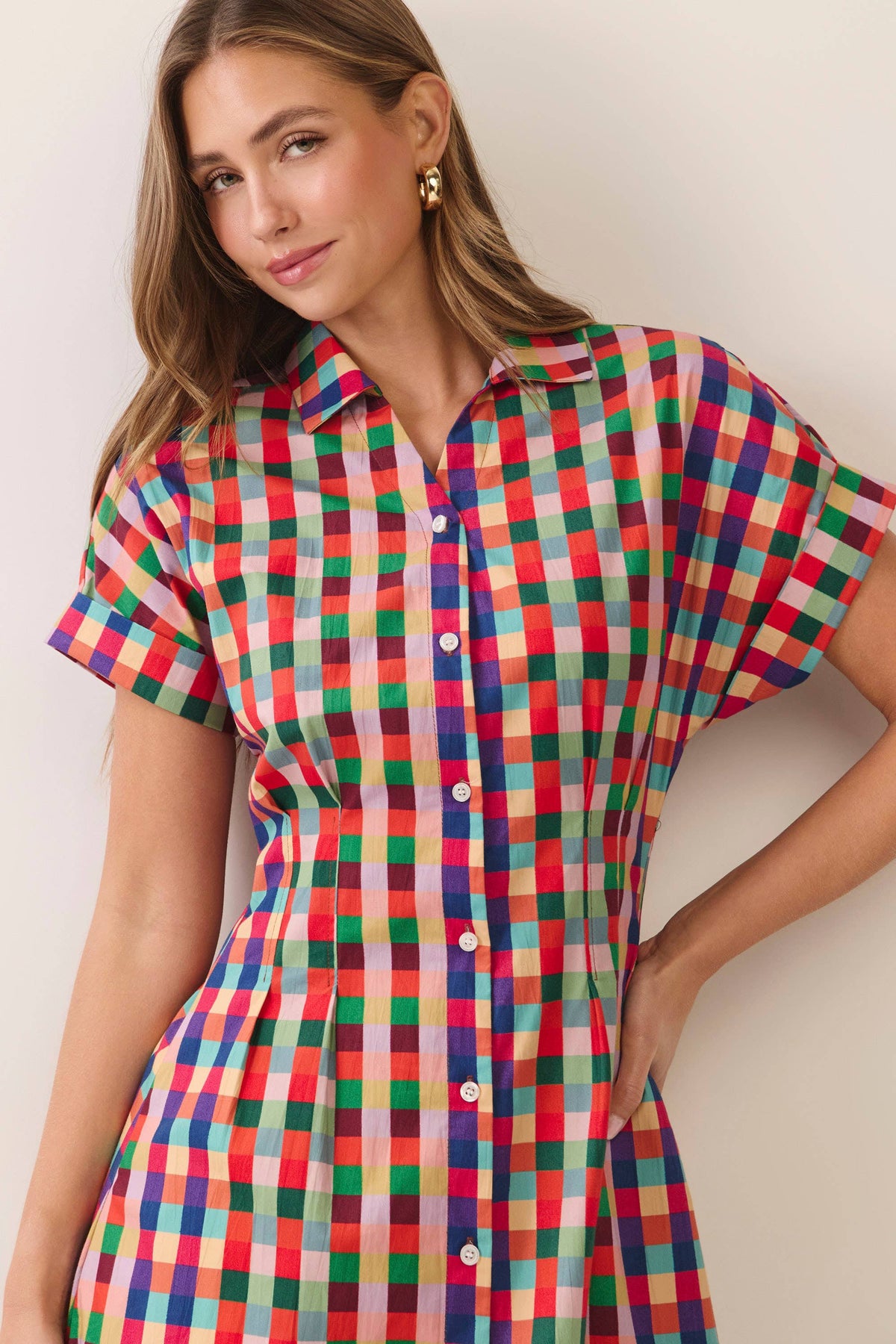 CD07590-Multicolor Check Button Down Midi Dress: Multi / M