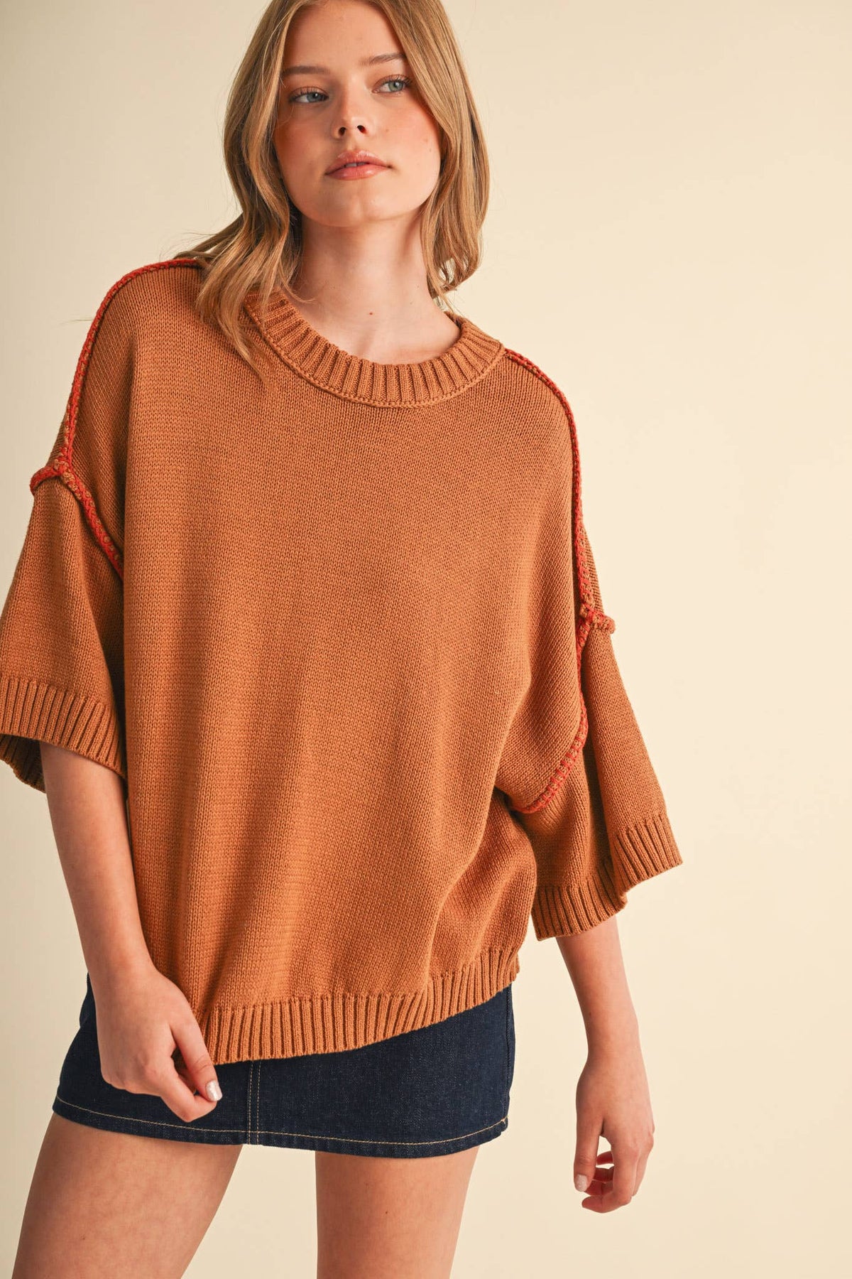 SHORT SLV SWEATER W CONTRAST BLANKET STITCH MSW11471: OLIVE TAUPE / S