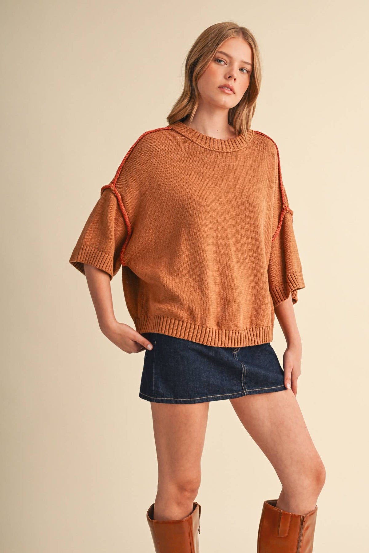 SHORT SLV SWEATER W CONTRAST BLANKET STITCH MSW11471: OLIVE TAUPE / S