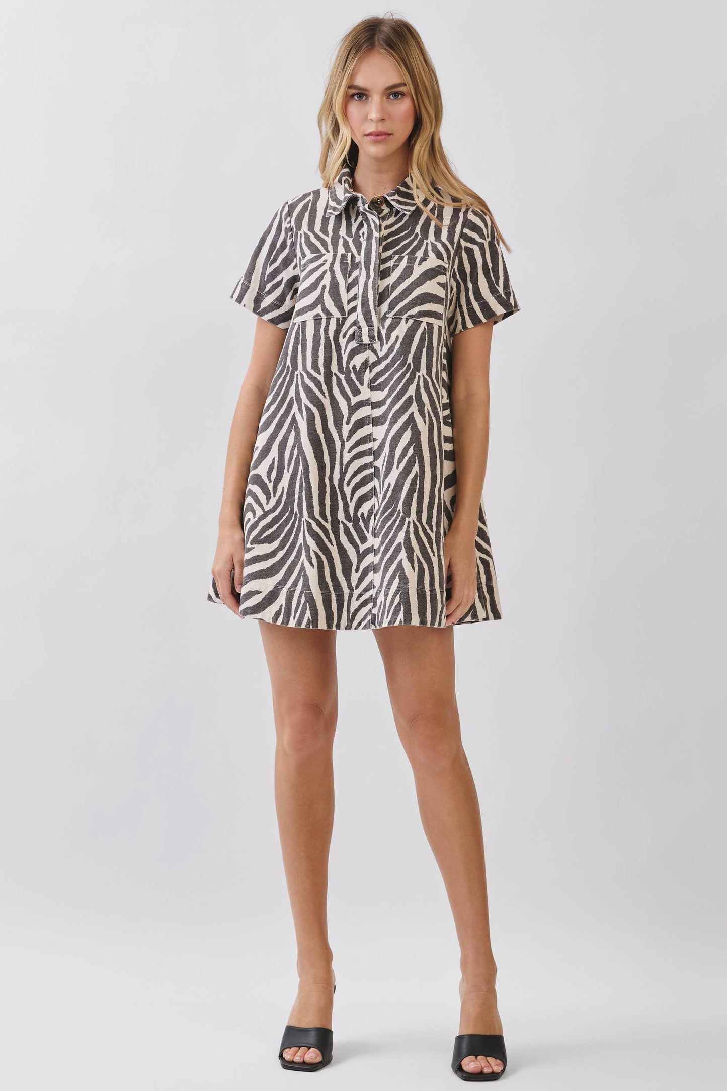 CD07293-Zebra Print Button Down Collared Mini Dress: CREAM / M