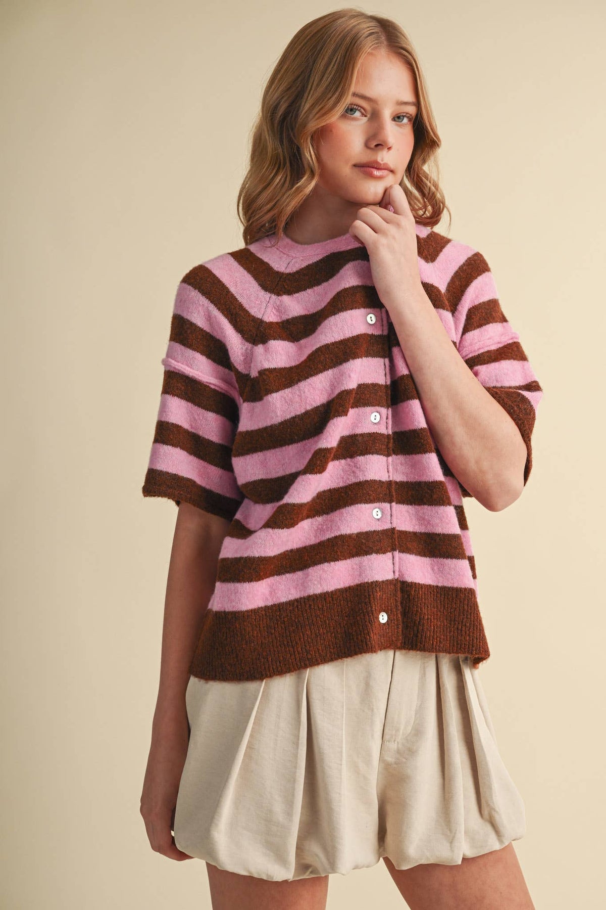 STRIPED SHORT SLEEVE SWEATER CARDIGAN MSW11671: OLIVE PLUM / M