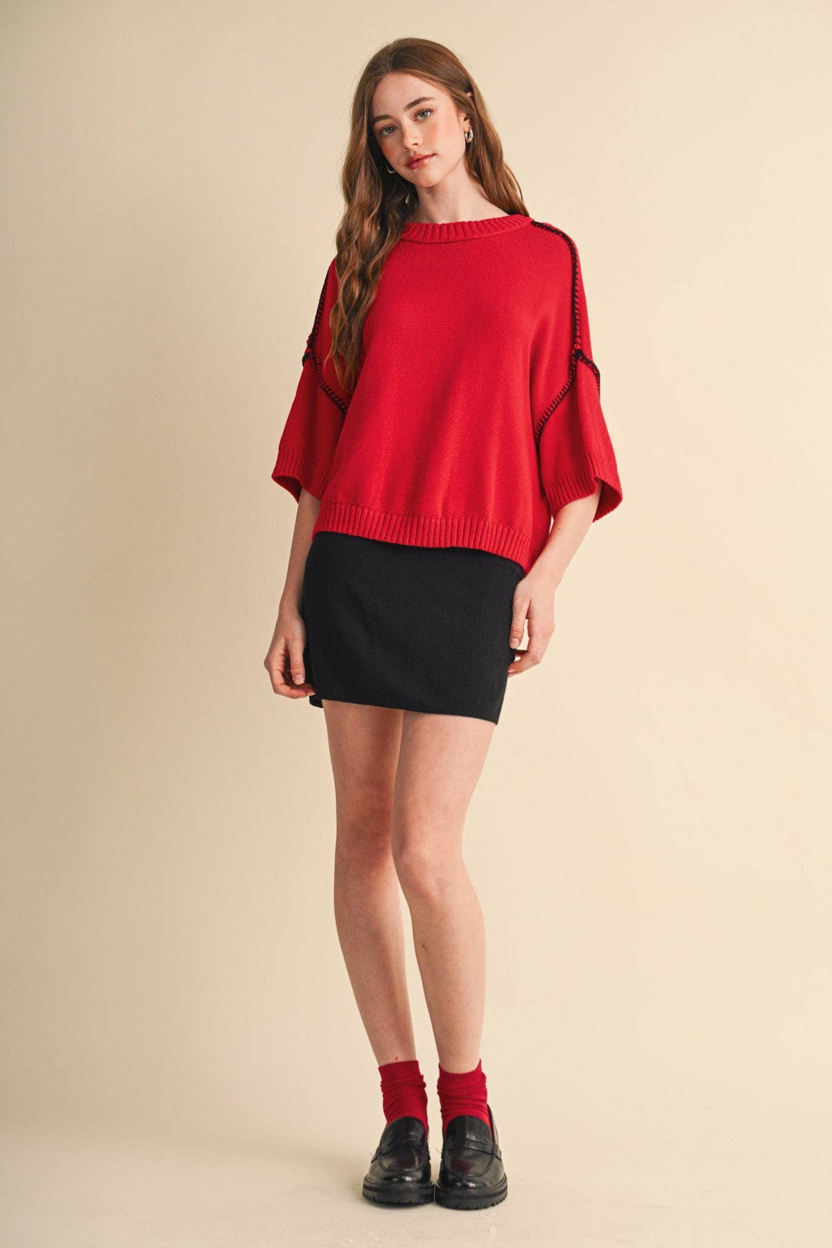 SHORT SLV SWEATER W CONTRAST BLANKET STITCH MSW11471: OLIVE TAUPE / S
