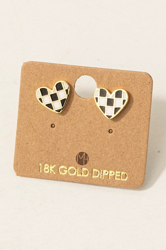 Checkered Heart Stud Earrings