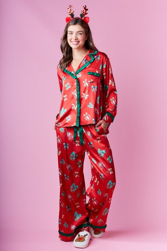 Holiday Gift Print Satin Pajama Set