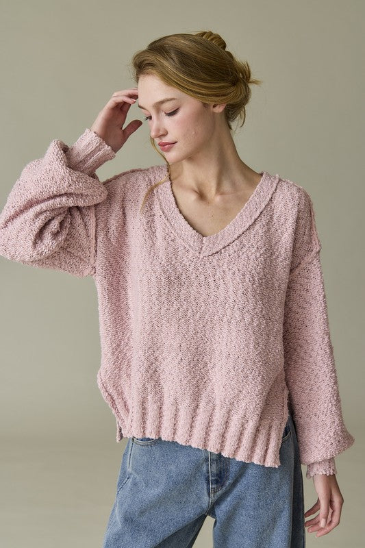 Ariana Loose Fit V-Neck Knit Sweater Top: Pink