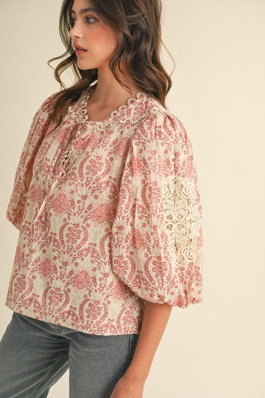 Melody lace Trim Top in Hibiscus