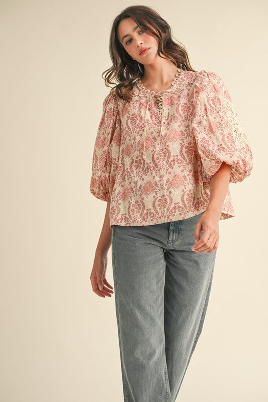 Melody lace Trim Top in Hibiscus