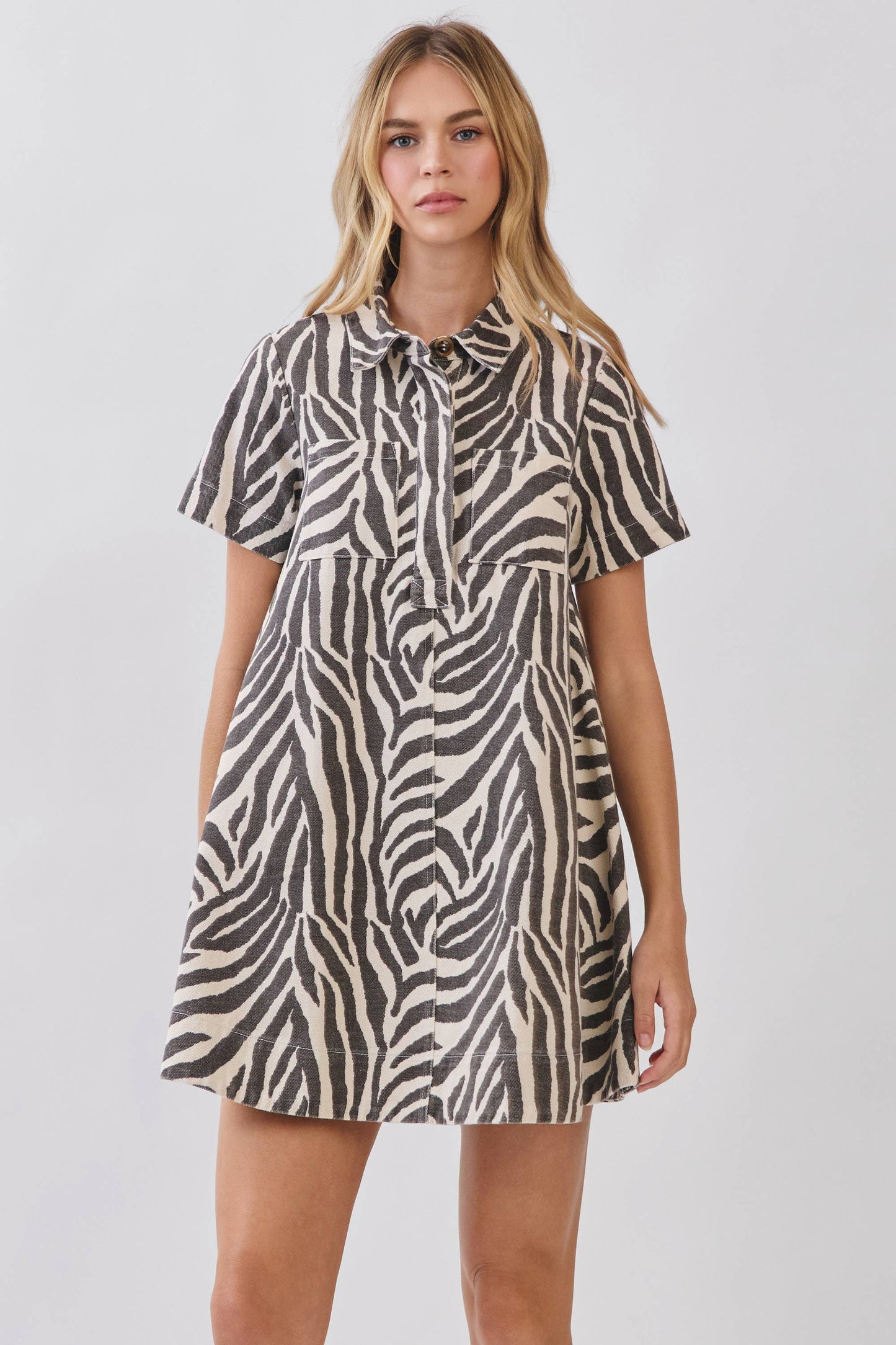 CD07293-Zebra Print Button Down Collared Mini Dress: CREAM / L