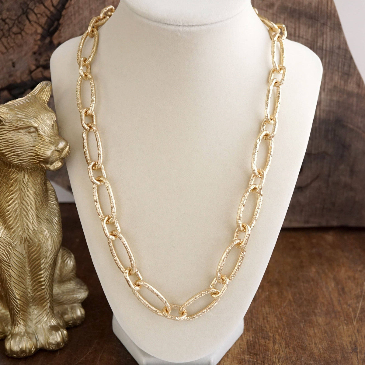Chunky Statement Necklace – Elongated Textured Chain Necklace: Two Tone