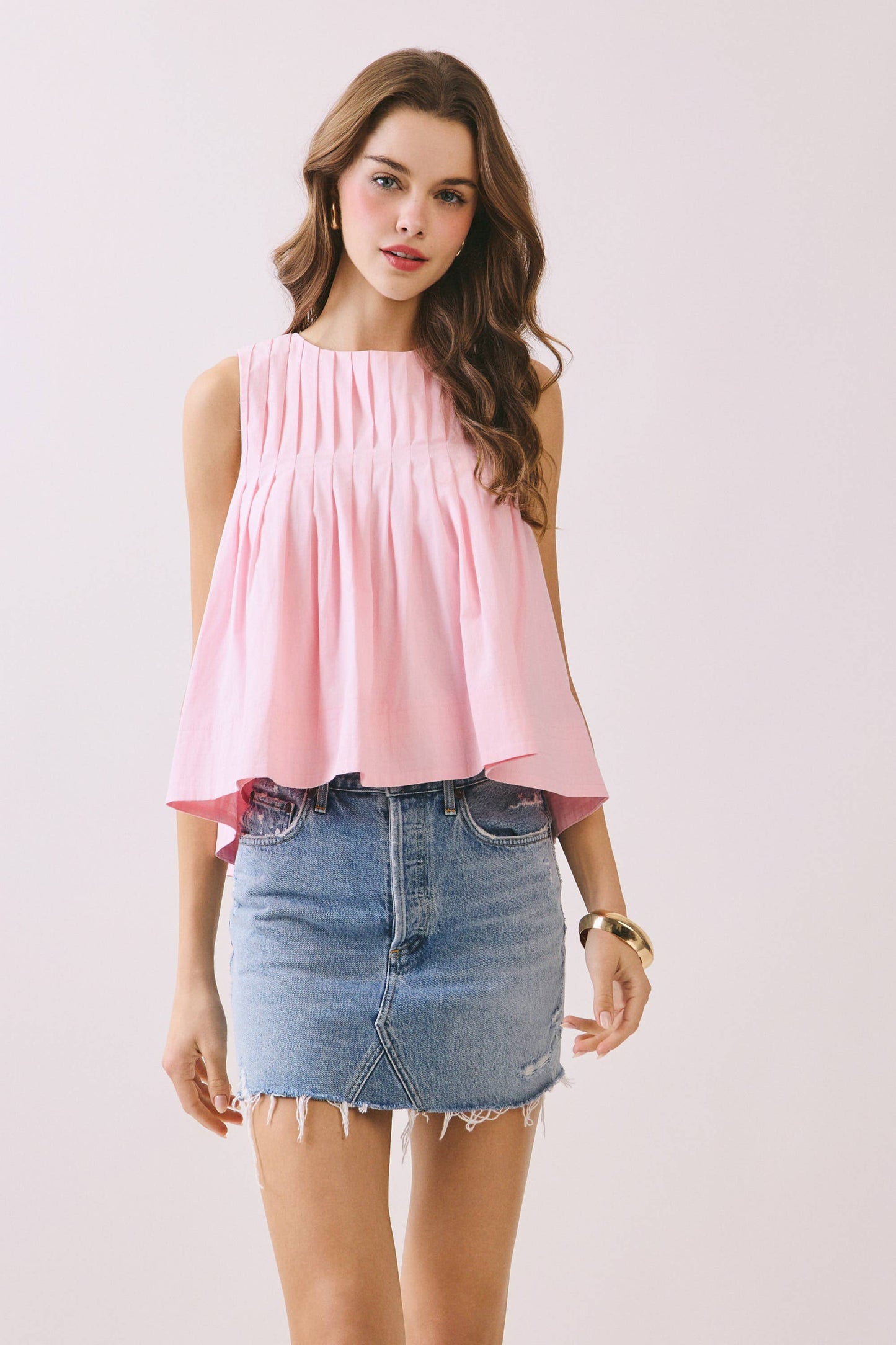 CT9082-Pleated Detail High Low Sleeveless Top: Baby Blue / L