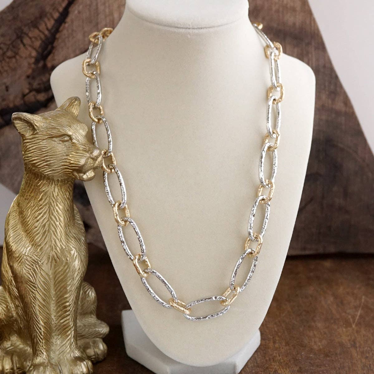 Chunky Statement Necklace – Elongated Textured Chain Necklace: Two Tone