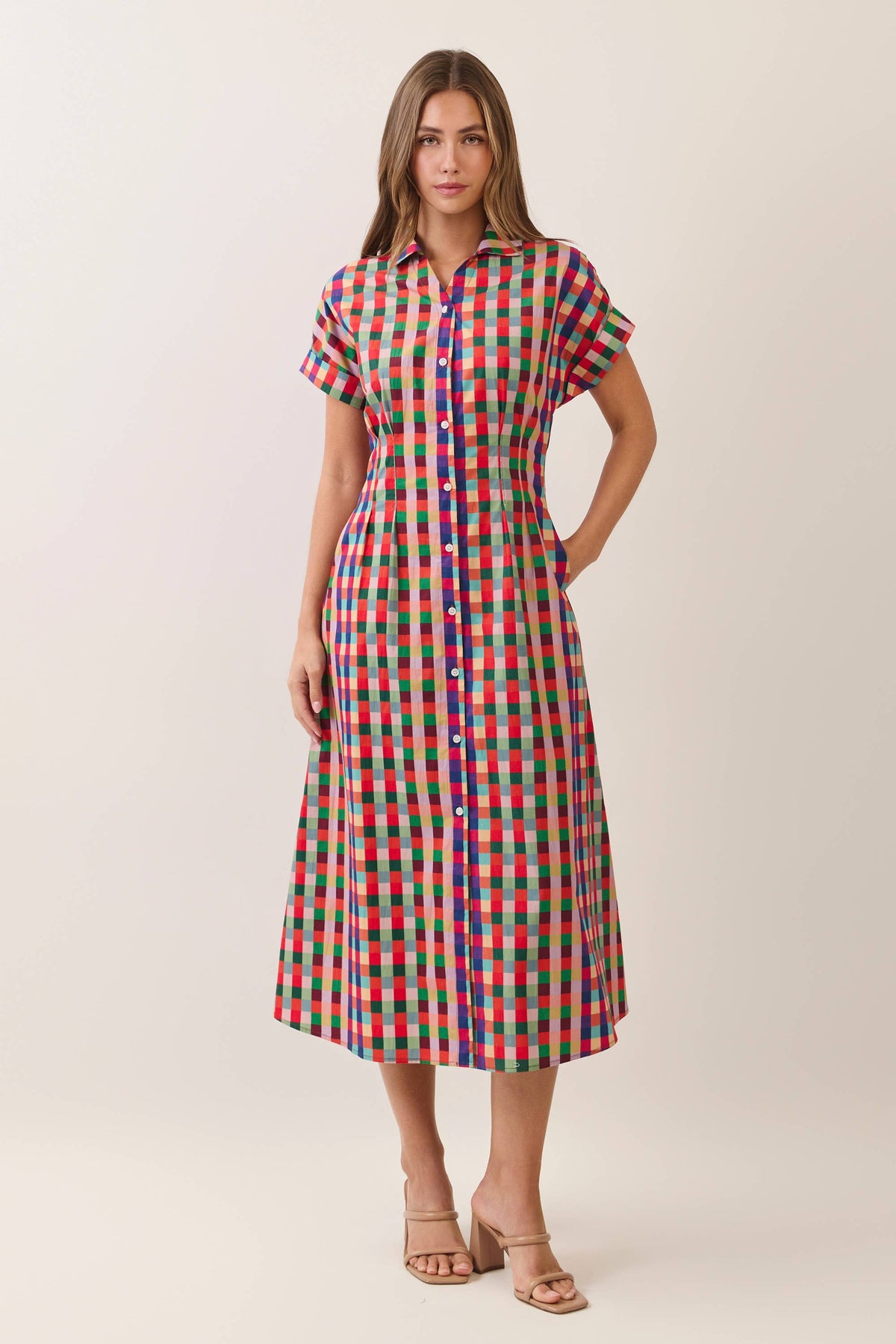 CD07590-Multicolor Check Button Down Midi Dress: Multi / M