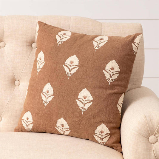 Pillow - Rust With Embroidered Floral Block Print (PC)