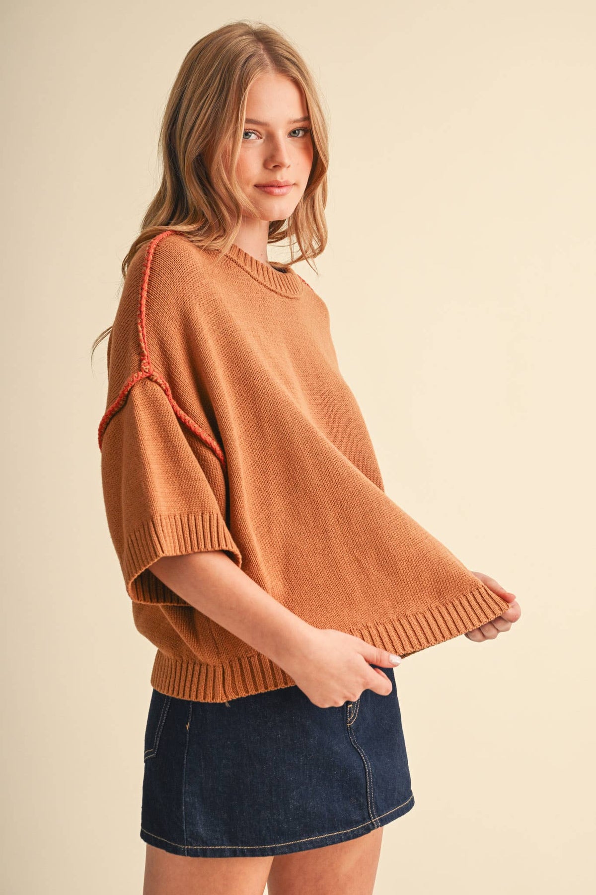 SHORT SLV SWEATER W CONTRAST BLANKET STITCH MSW11471: OLIVE TAUPE / S