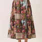 CS4193-Floral plaid patchwork maxi skirt: CHOCOLATE / M