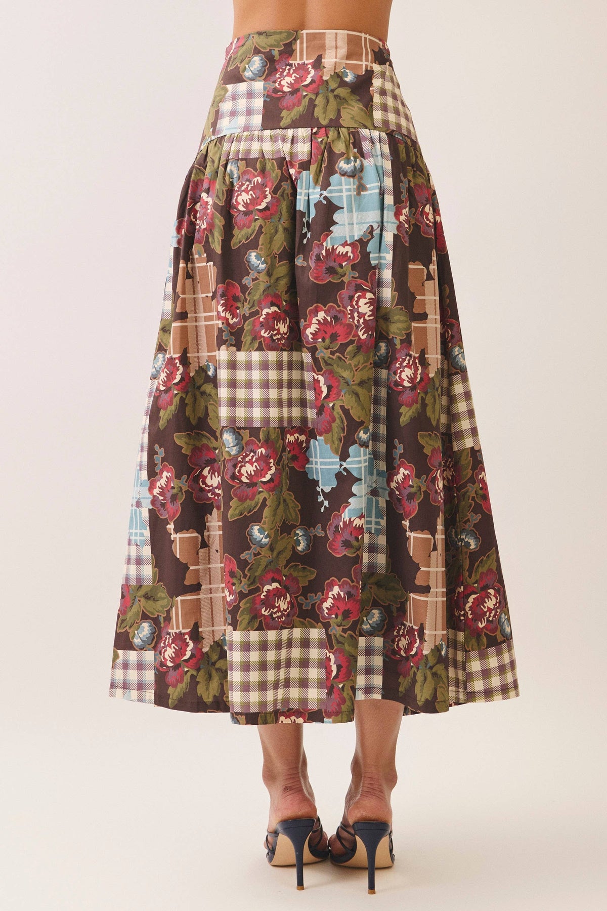 CS4193-Floral plaid patchwork maxi skirt: CHOCOLATE / S