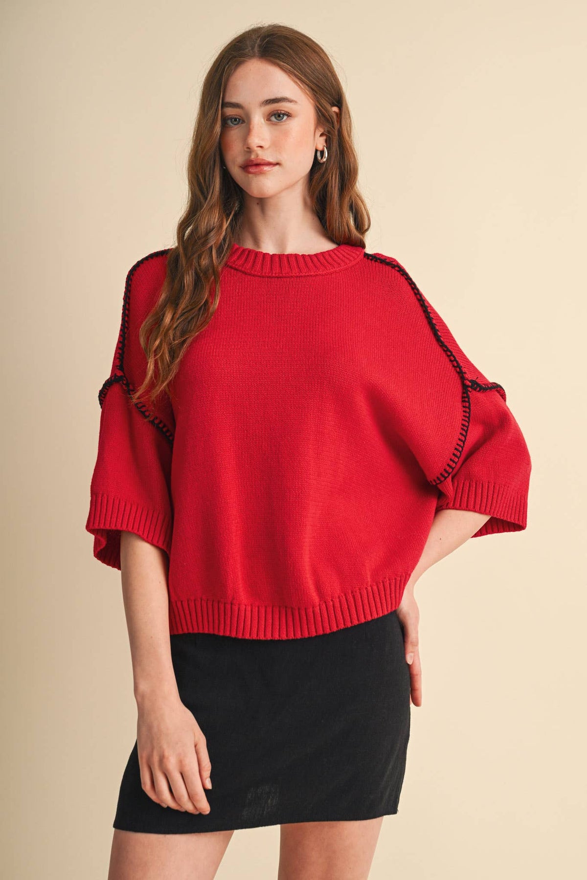 SHORT SLV SWEATER W CONTRAST BLANKET STITCH MSW11471: OLIVE TAUPE / L
