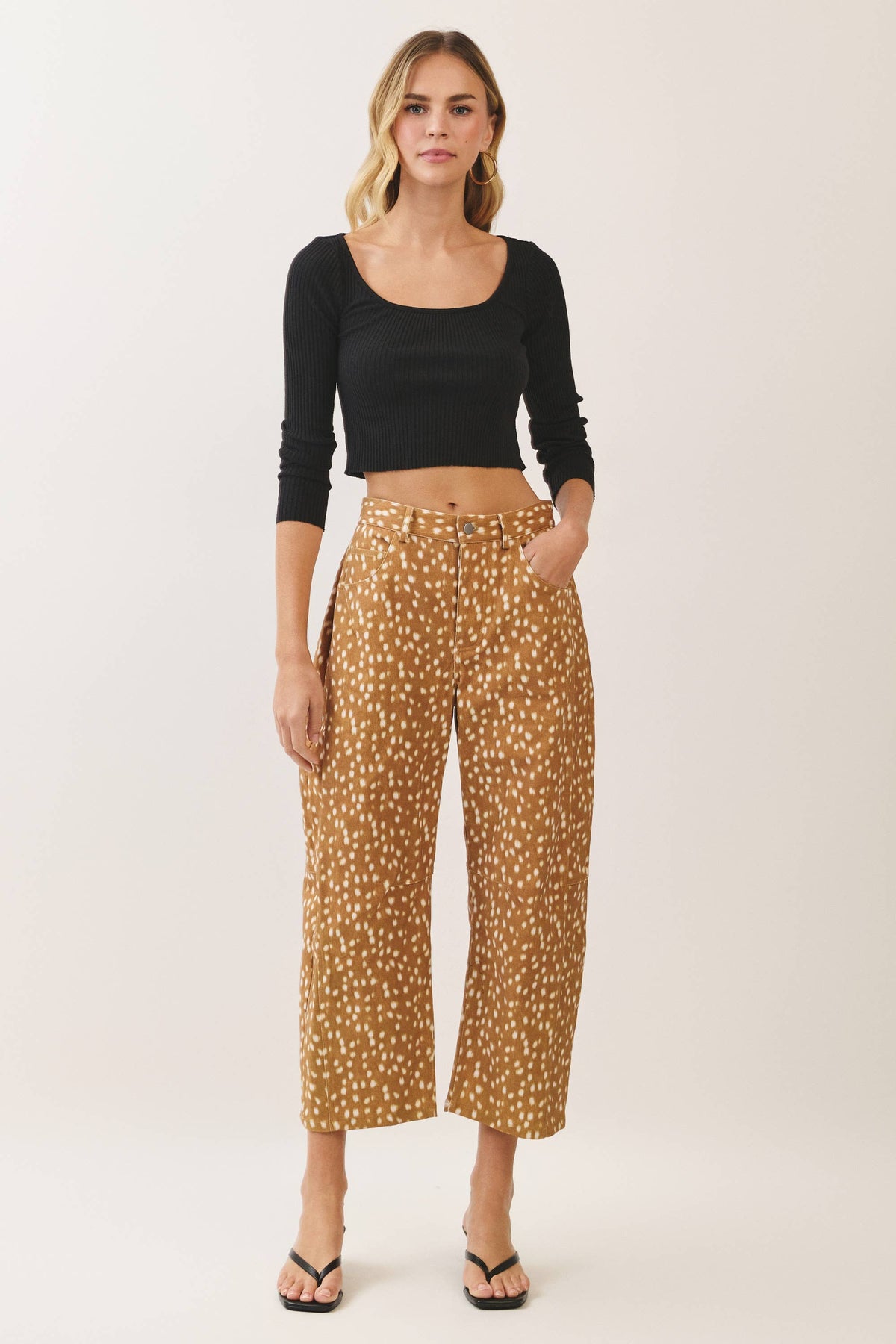 CP10398-Deer Print Barrel Leg Pants: Brown / M