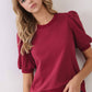 CT8936-Crew Neck Short Puff Sleeves Knit Top: Crimson / S
