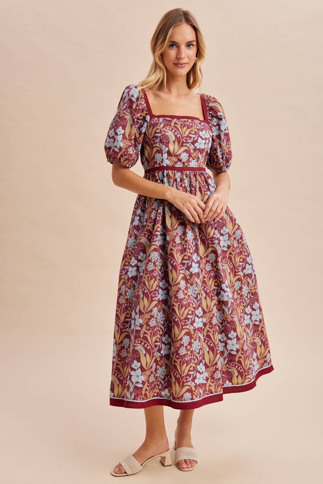 COTTON SQUARE NECK PUFF MAXI: BURNT GINGER / S