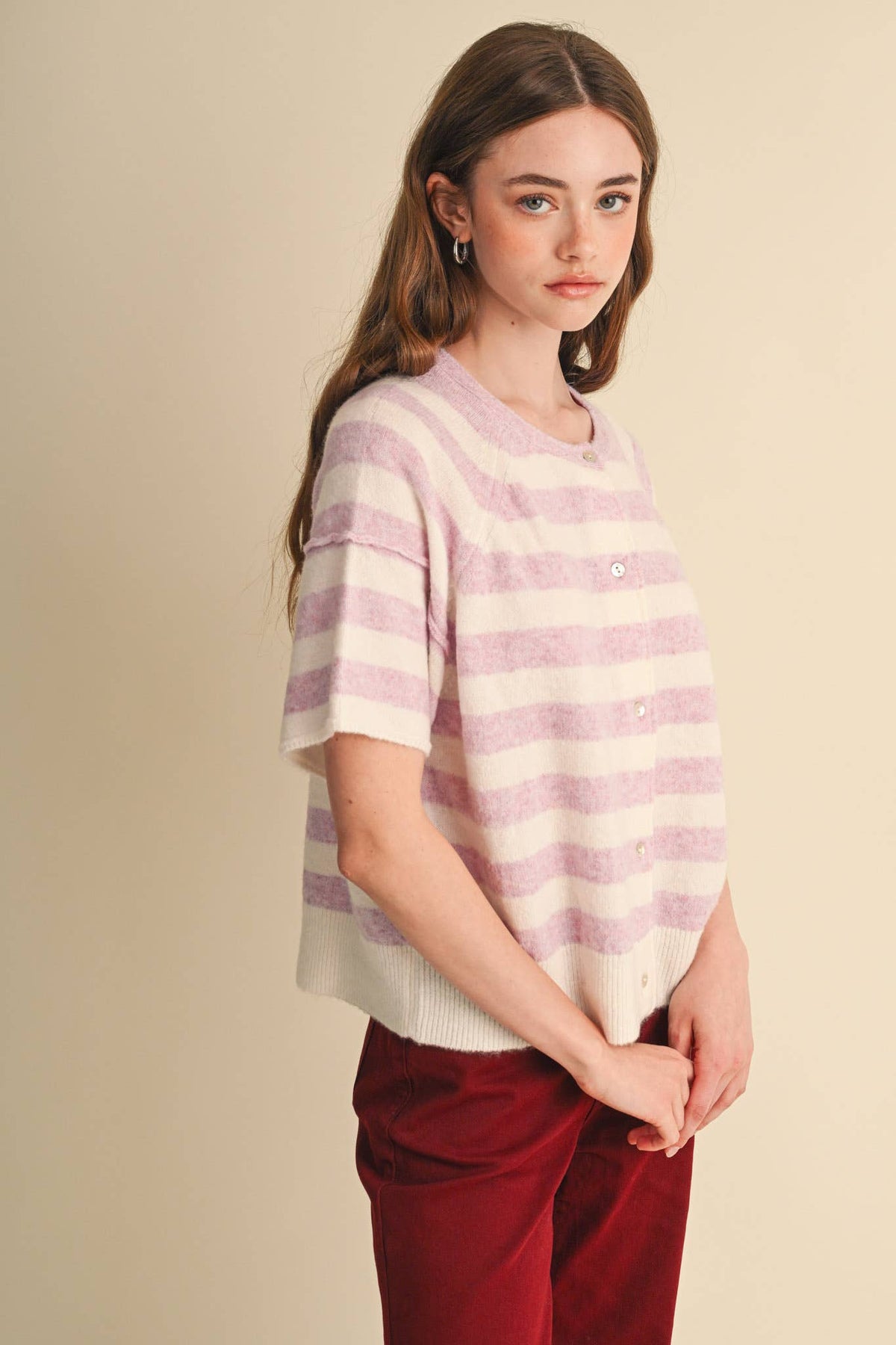 STRIPED SHORT SLEEVE SWEATER CARDIGAN MSW11671: OLIVE PLUM / M