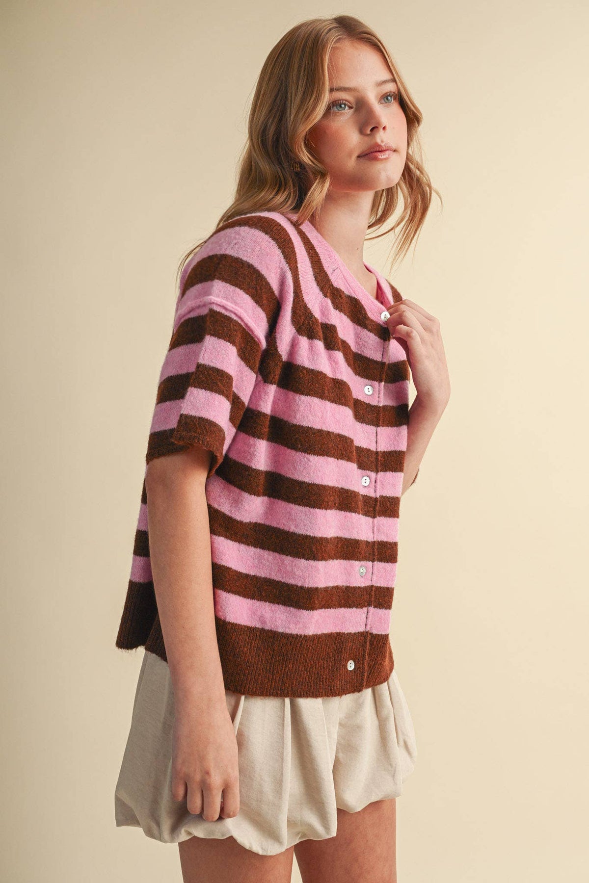 STRIPED SHORT SLEEVE SWEATER CARDIGAN MSW11671: OLIVE PLUM / S