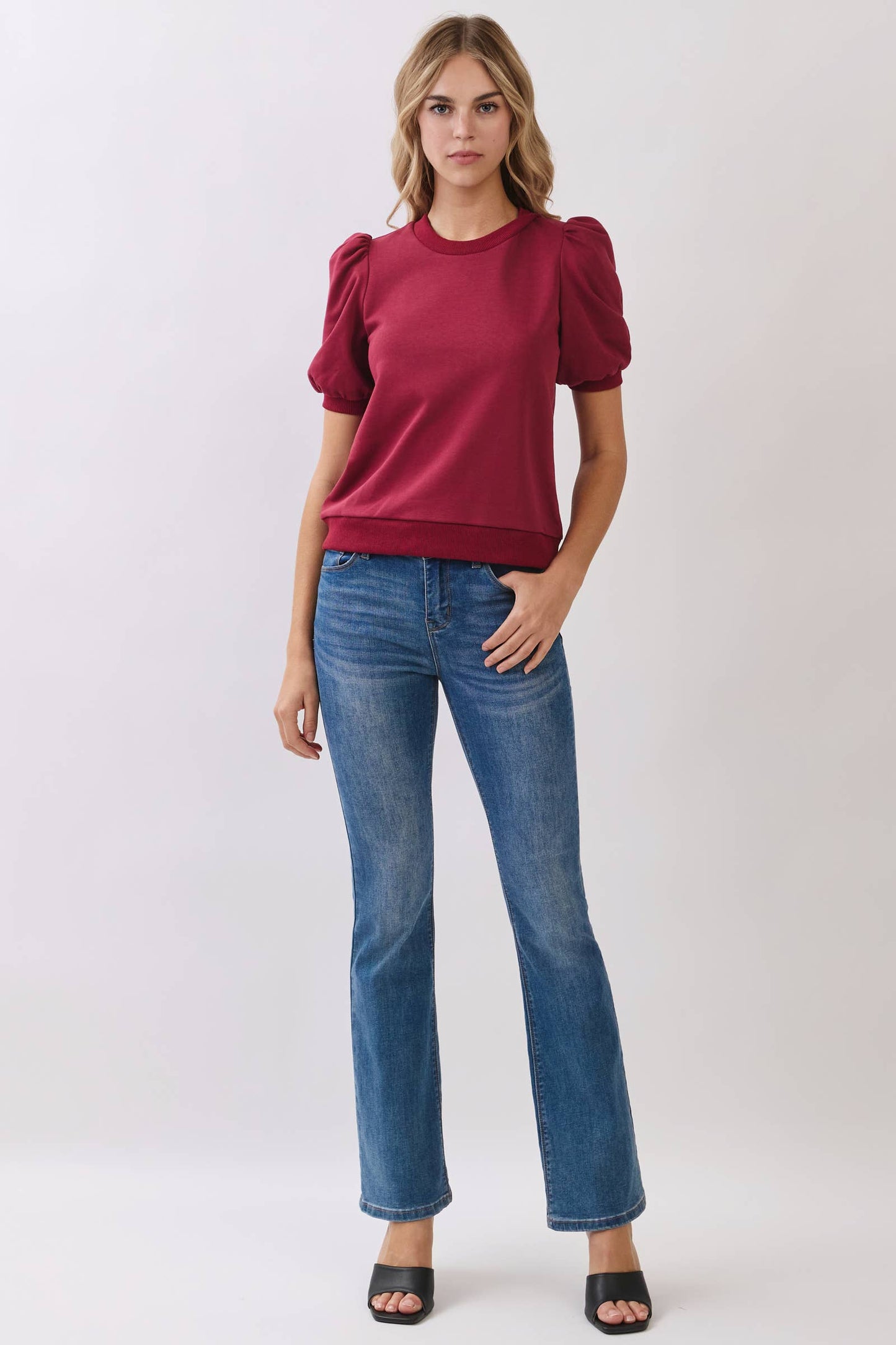 CT8936-Crew Neck Short Puff Sleeves Knit Top: Crimson / L