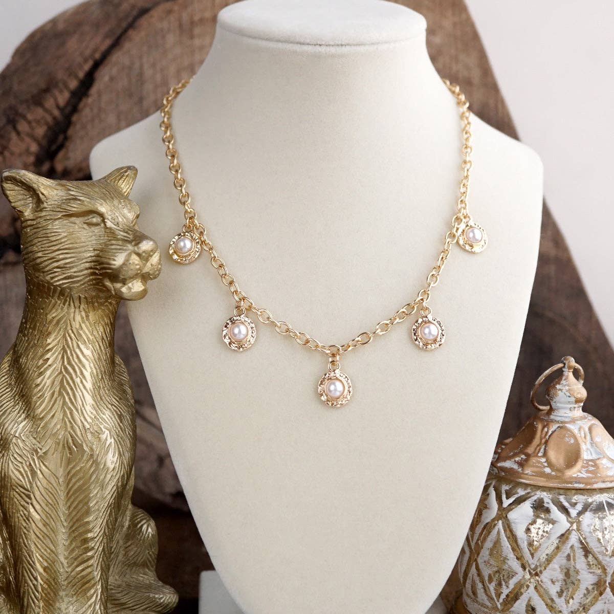 Cabochon Station Charm Necklace - Pearls Turquoise - Petite Glow: Pearl