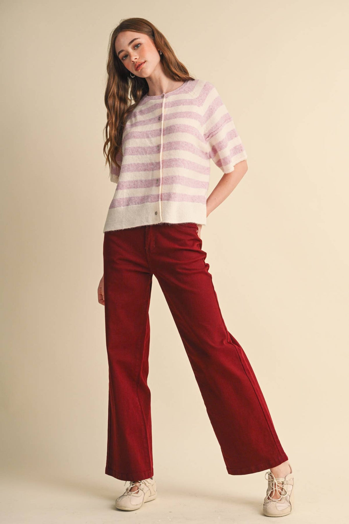 STRIPED SHORT SLEEVE SWEATER CARDIGAN MSW11671: OLIVE PLUM / L