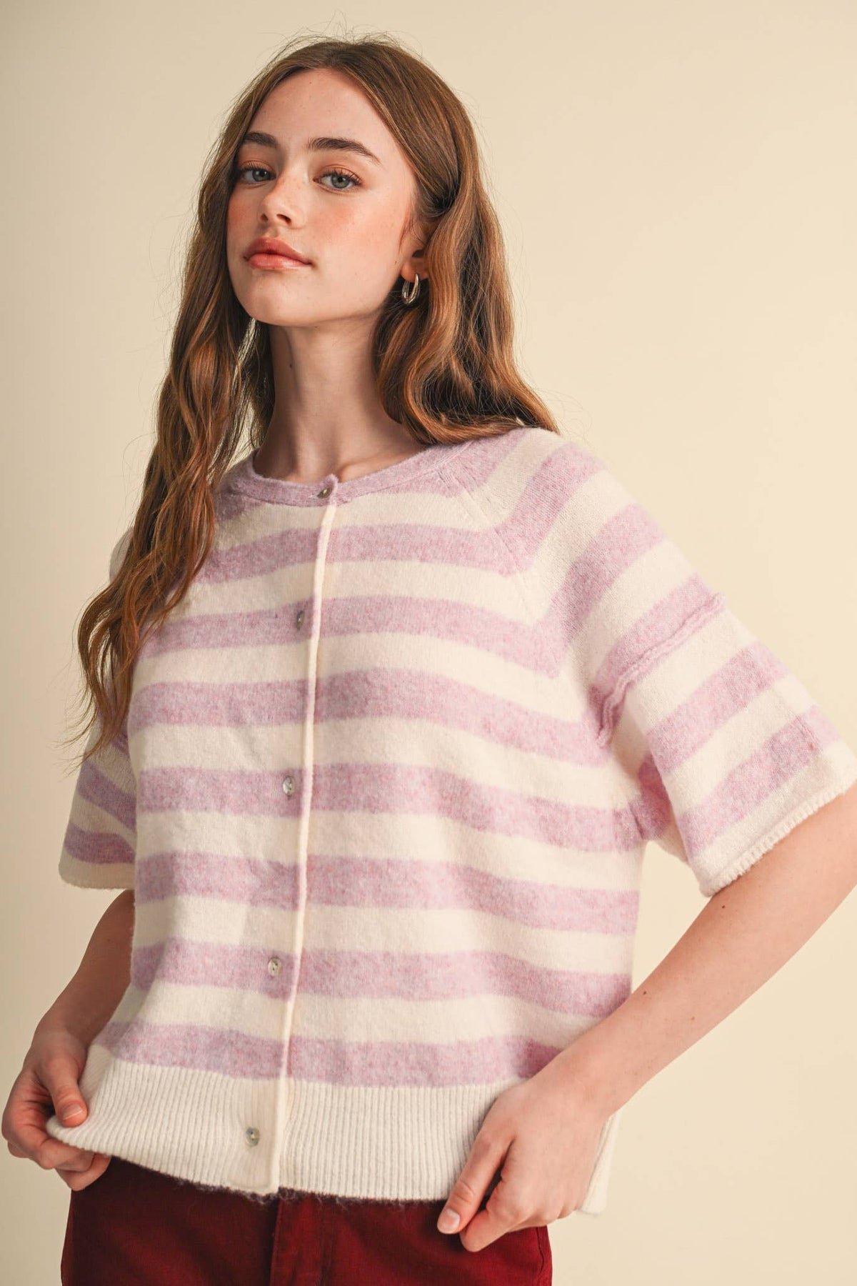 STRIPED SHORT SLEEVE SWEATER CARDIGAN MSW11671: OLIVE PLUM / L