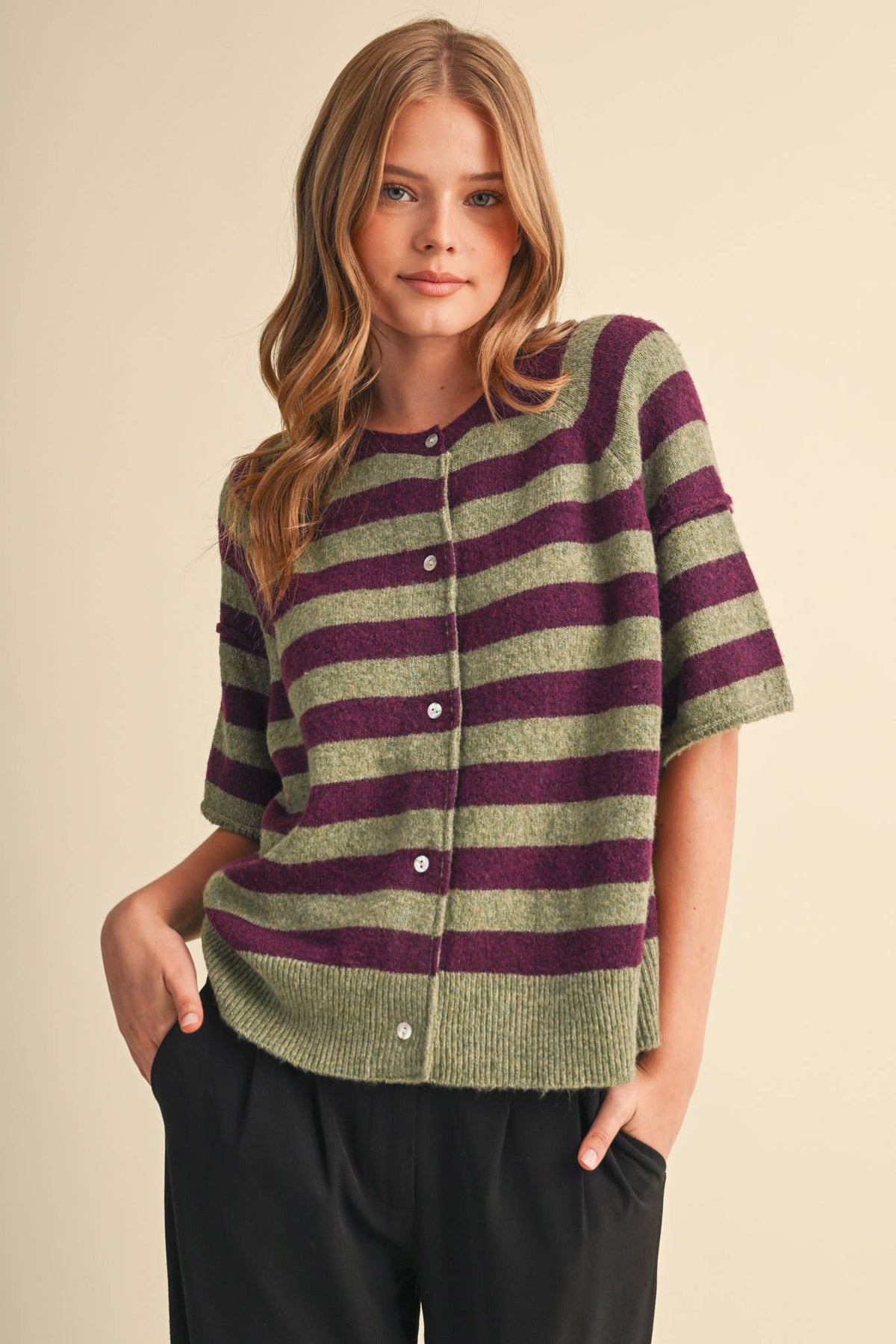 STRIPED SHORT SLEEVE SWEATER CARDIGAN MSW11671: OLIVE PLUM / M