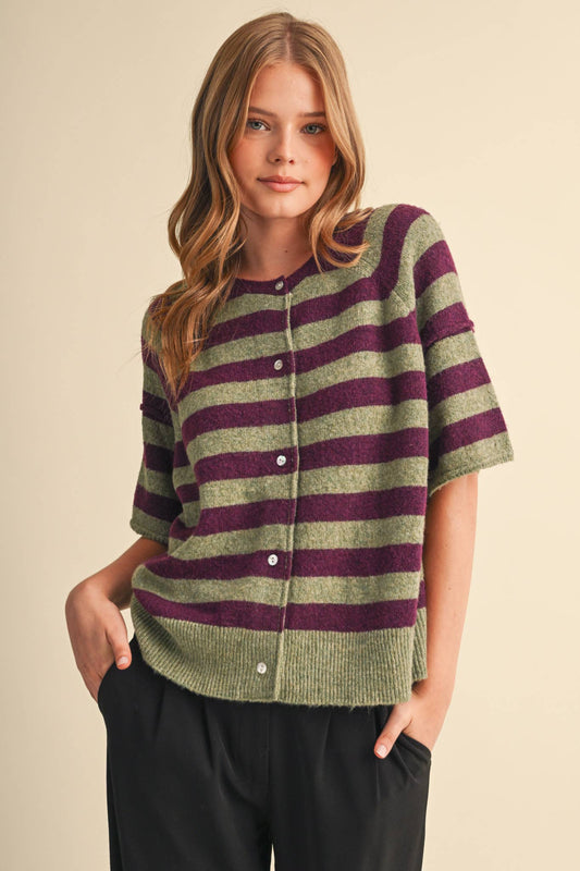 STRIPED SHORT SLEEVE SWEATER CARDIGAN MSW11671: OLIVE PLUM / M