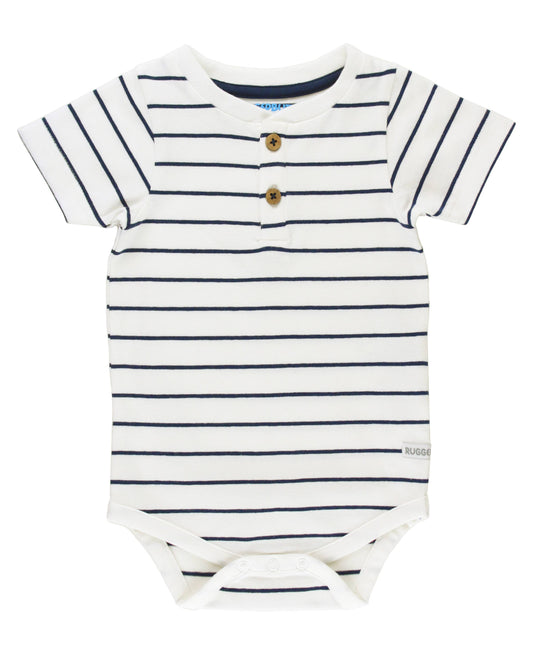 White & Navy Stripe Short Sleeve Henley Bodysuit:Blue