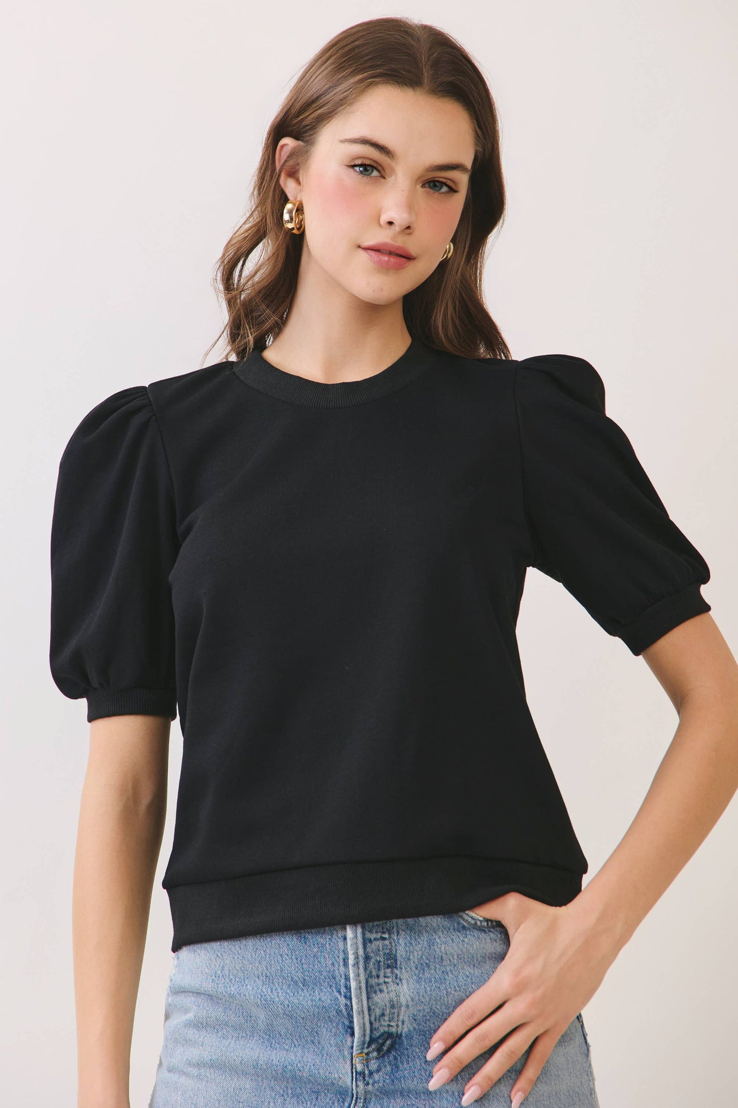 CT8936-Crew Neck Short Puff Sleeves Knit Top: Crimson / L