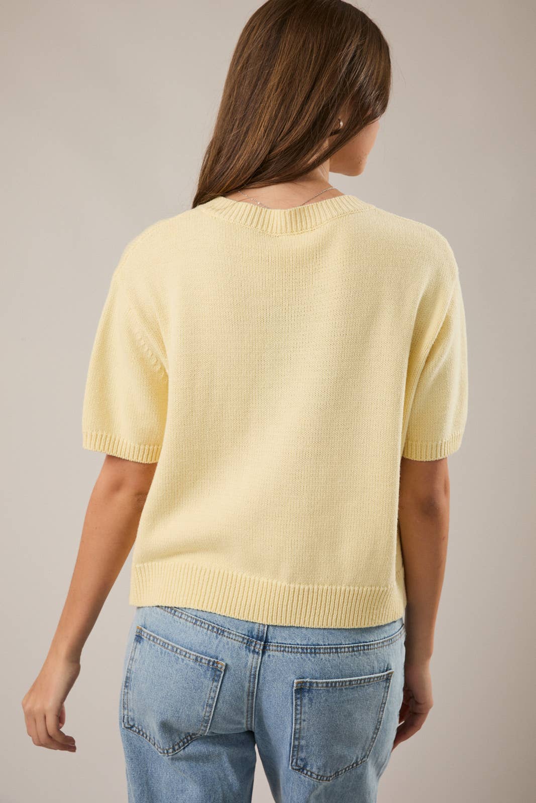 SHORT SLEEVE SWEATER CARDIGAN: LT OLIVE / L