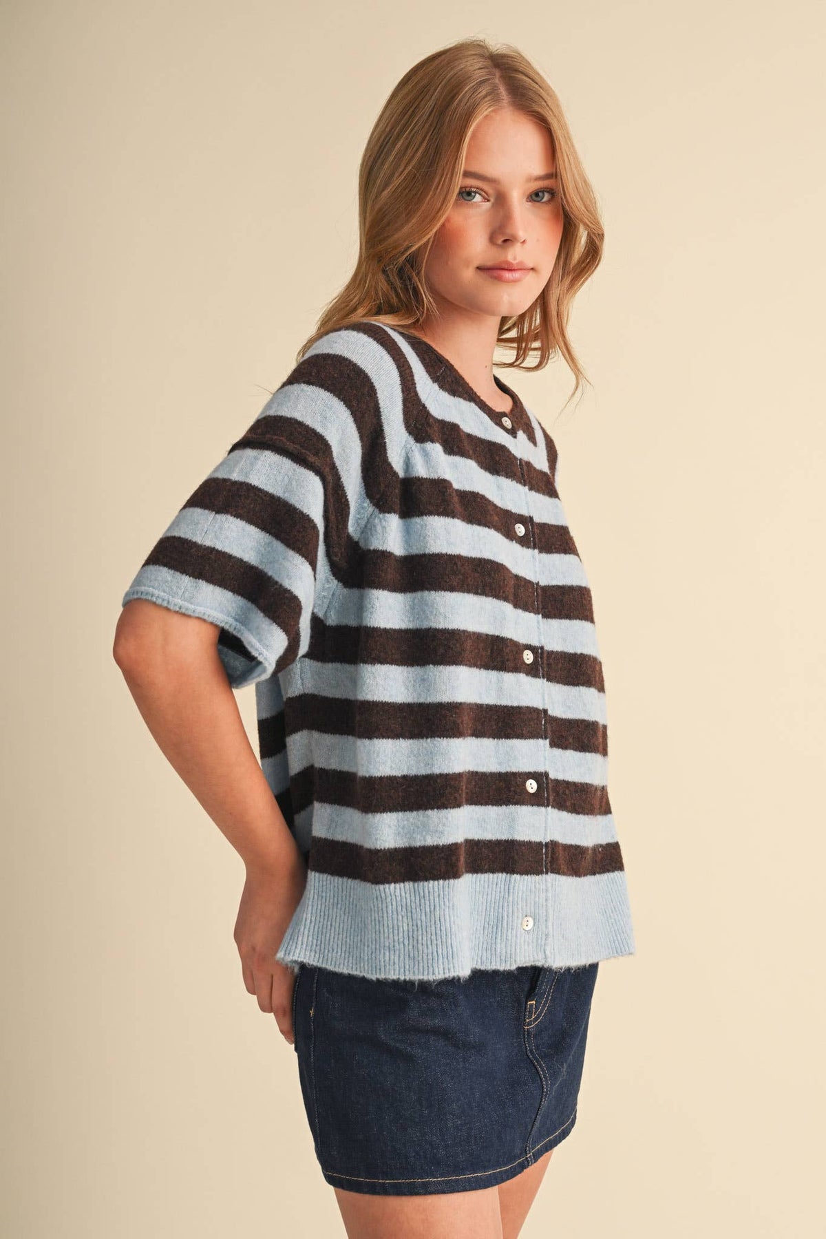 STRIPED SHORT SLEEVE SWEATER CARDIGAN MSW11671: OLIVE PLUM / L