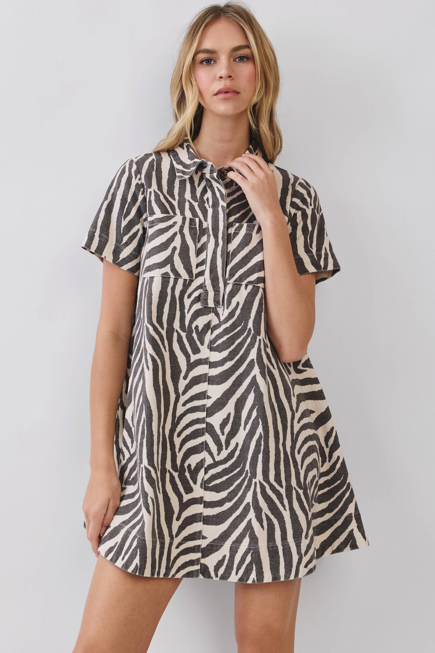 CD07293-Zebra Print Button Down Collared Mini Dress: CREAM / L