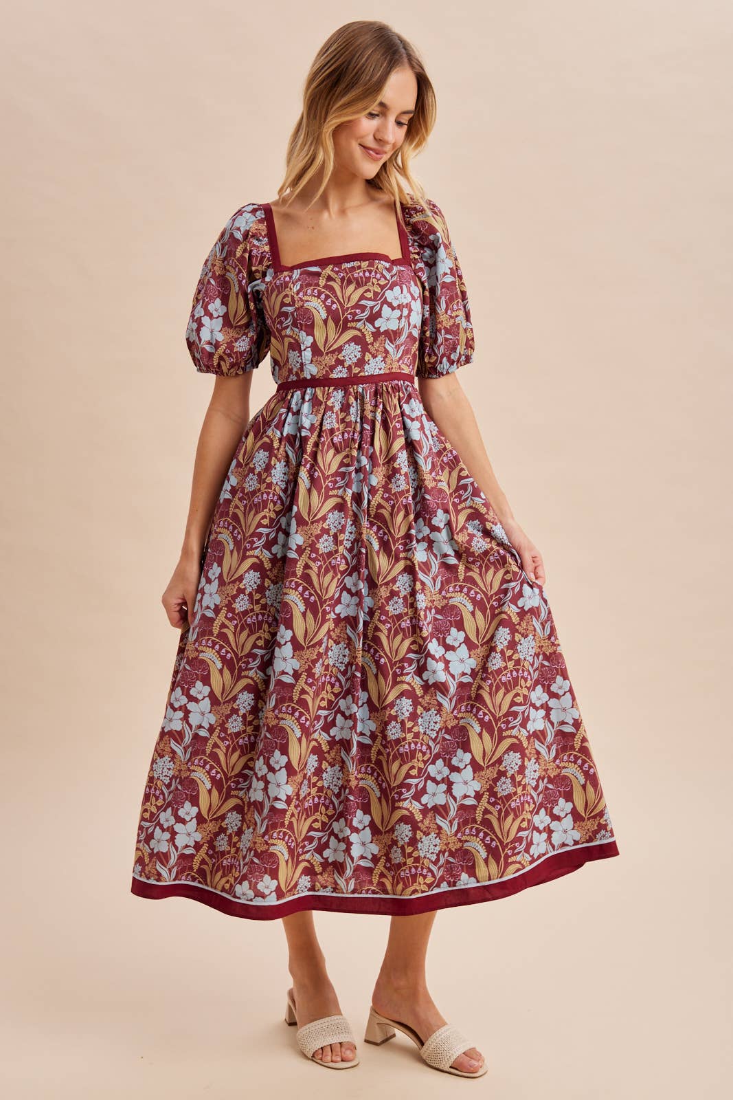 COTTON SQUARE NECK PUFF MAXI: BURNT GINGER / L