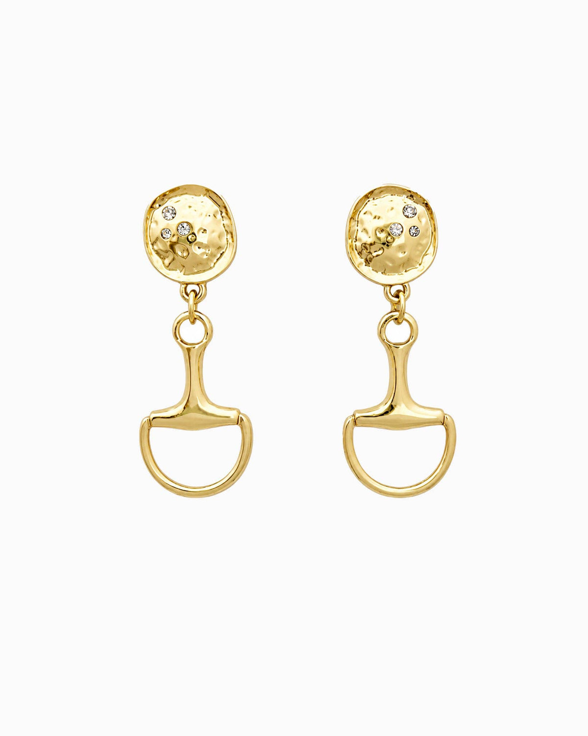 Hammered Stone Horsebit Drop Earrings: Gold
