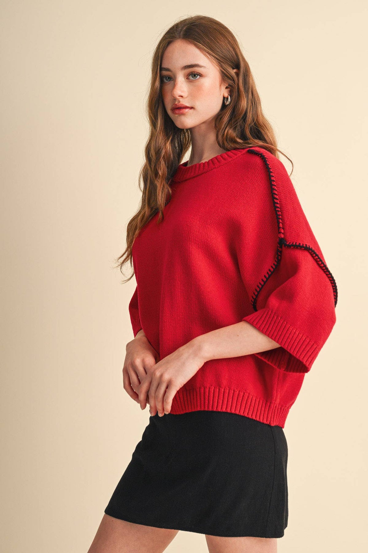 SHORT SLV SWEATER W CONTRAST BLANKET STITCH MSW11471: OLIVE TAUPE / L