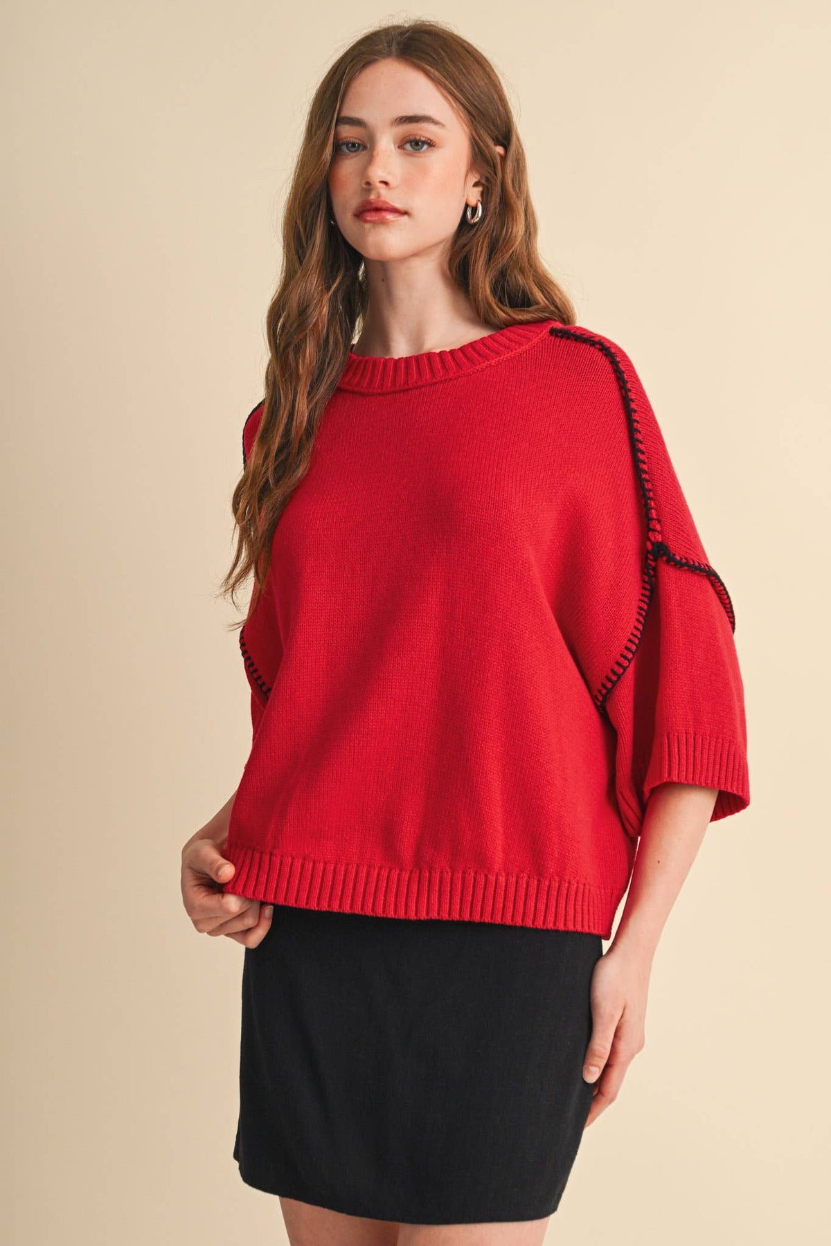 SHORT SLV SWEATER W CONTRAST BLANKET STITCH MSW11471: OLIVE TAUPE / L