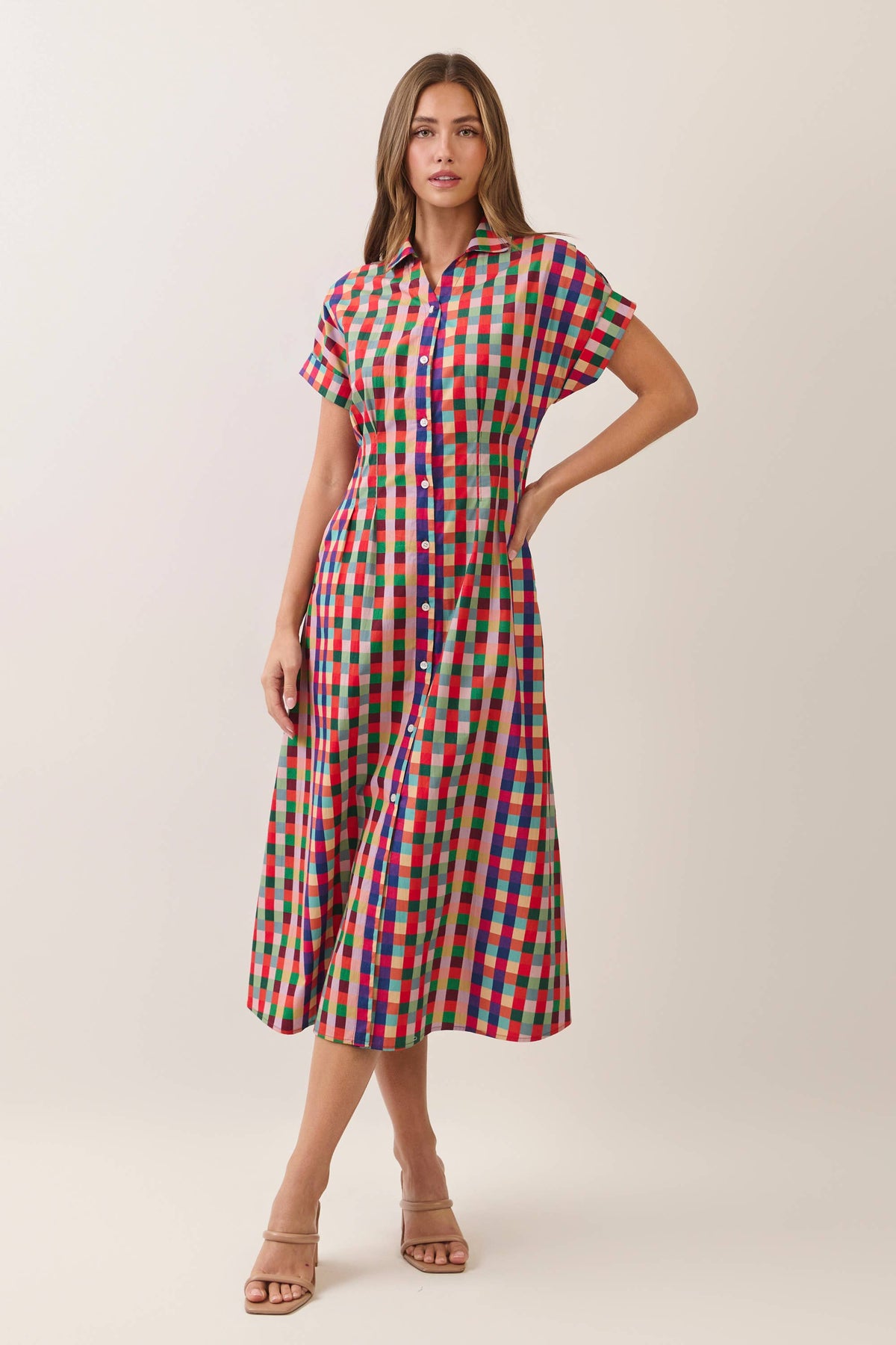CD07590-Multicolor Check Button Down Midi Dress: Multi / S