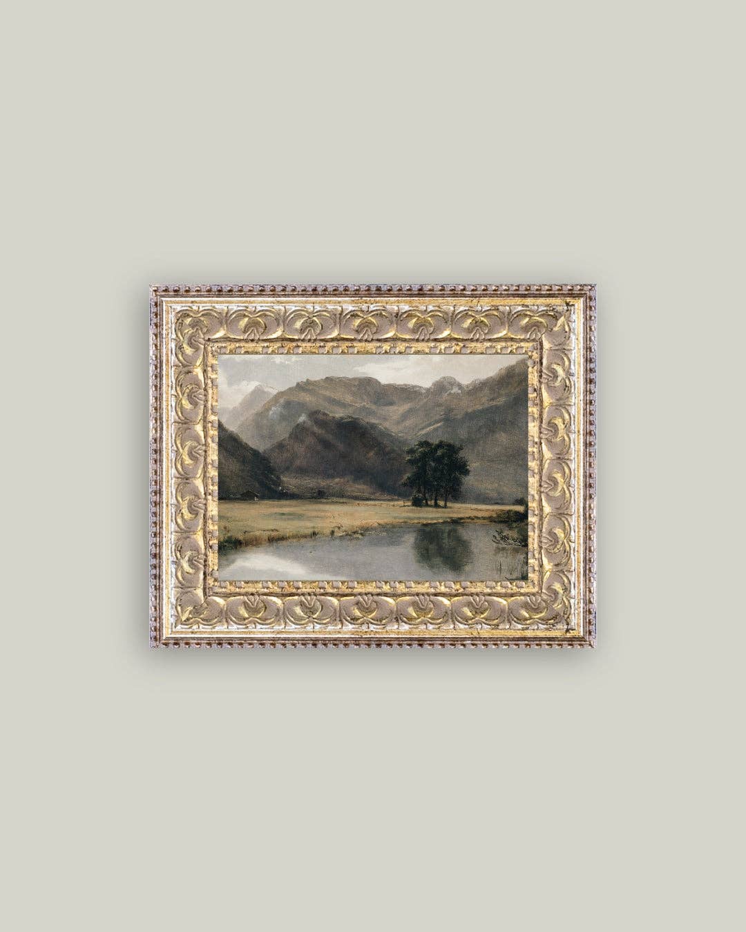 River Mountainscape Framed Antique Art: 10x8